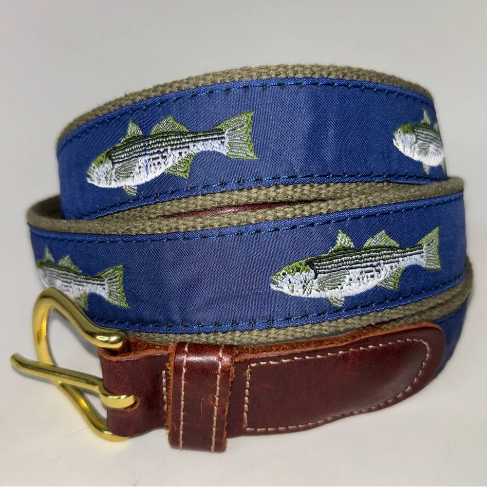 PRESTON New England Belt Men’s Sz 46 Bass Fish Blue Brown Leather Nautical Ocean